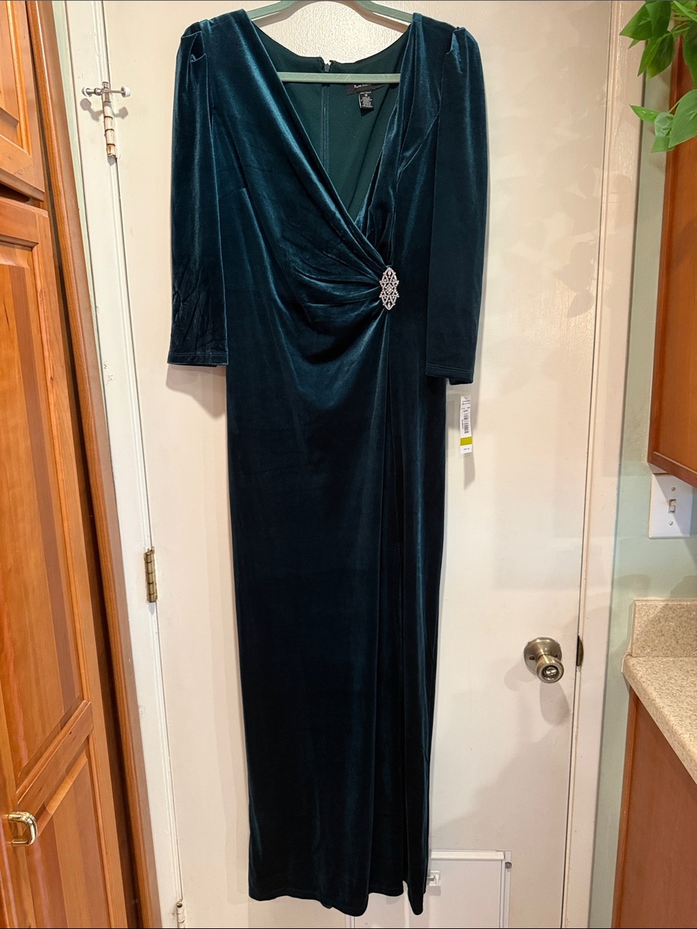 R&M Richards Teal Velvet Long Sleeve Draped Gown with Brooch